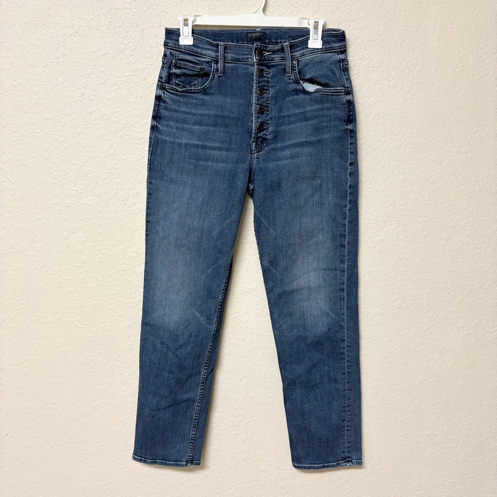 MOTHER High-Rise Button-Fly Slim Jeans in Medium Wash Blue